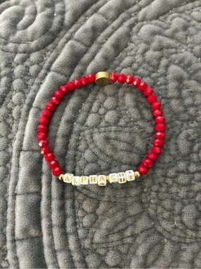 Alpha Chi Red Beaded Stretch Bracelet with Gold Accents